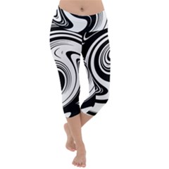 Black And White Swirl Spiral Swoosh Pattern Lightweight Velour Capri Yoga Leggings by SpinnyChairDesigns