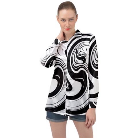 Black And White Swirl Spiral Swoosh Pattern Long Sleeve Satin Shirt by SpinnyChairDesigns