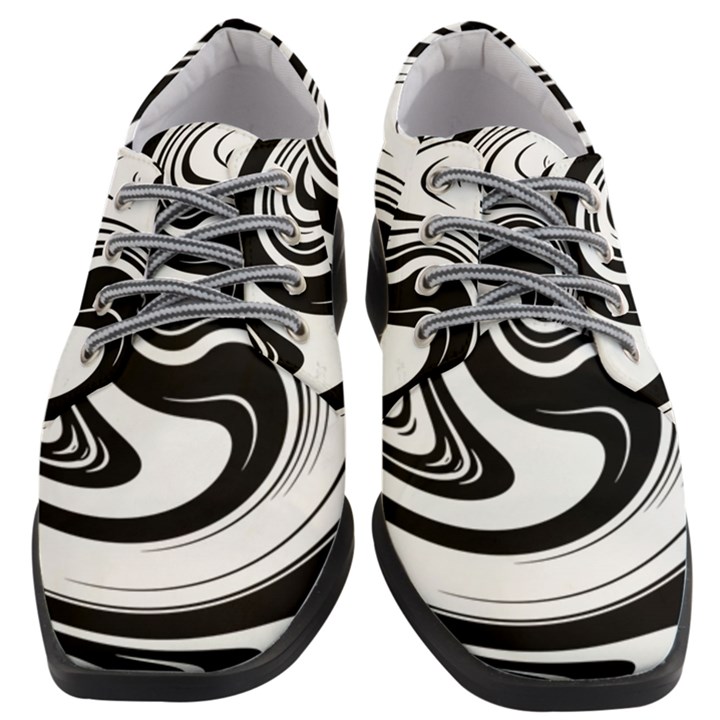 Black and White Swirl Spiral Swoosh Pattern Women Heeled Oxford Shoes