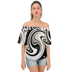 Black And White Swirl Spiral Swoosh Pattern Off Shoulder Short Sleeve Top by SpinnyChairDesigns