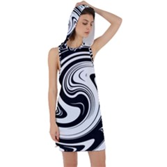 Black And White Swirl Spiral Swoosh Pattern Racer Back Hoodie Dress by SpinnyChairDesigns