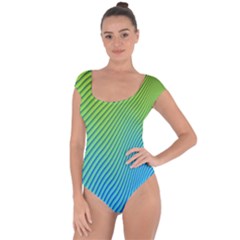 Blue Green Abstract Stripe Pattern  Short Sleeve Leotard  by SpinnyChairDesigns