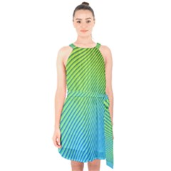 Blue Green Abstract Stripe Pattern  Halter Collar Waist Tie Chiffon Dress by SpinnyChairDesigns