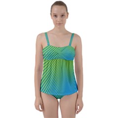 Blue Green Abstract Stripe Pattern  Twist Front Tankini Set by SpinnyChairDesigns