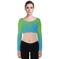 Blue Green Abstract Stripe Pattern  Velvet Long Sleeve Crop Top by SpinnyChairDesigns