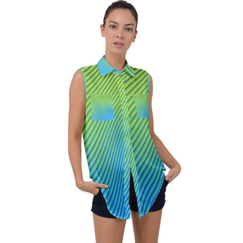 Blue Green Abstract Stripe Pattern  Sleeveless Chiffon Button Shirt by SpinnyChairDesigns