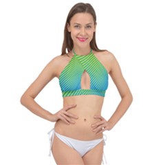 Blue Green Abstract Stripe Pattern  Cross Front Halter Bikini Top by SpinnyChairDesigns