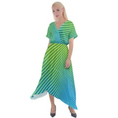 Blue Green Abstract Stripe Pattern  Cross Front Sharkbite Hem Maxi Dress by SpinnyChairDesigns