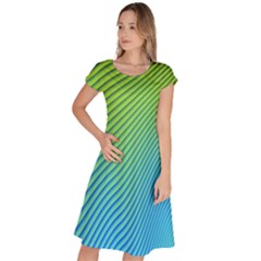 Blue Green Abstract Stripe Pattern  Classic Short Sleeve Dress by SpinnyChairDesigns