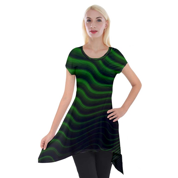 Black and Green Abstract Stripes Gradient Short Sleeve Side Drop Tunic