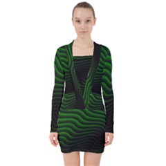 Black And Green Abstract Stripes Gradient V-neck Bodycon Long Sleeve Dress by SpinnyChairDesigns