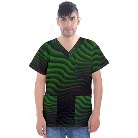 Black And Green Abstract Stripes Gradient Men s V-neck Scrub Top by SpinnyChairDesigns