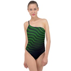 Black And Green Abstract Stripes Gradient Classic One Shoulder Swimsuit by SpinnyChairDesigns