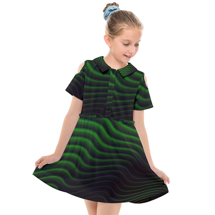 Black and Green Abstract Stripes Gradient Kids  Short Sleeve Shirt Dress