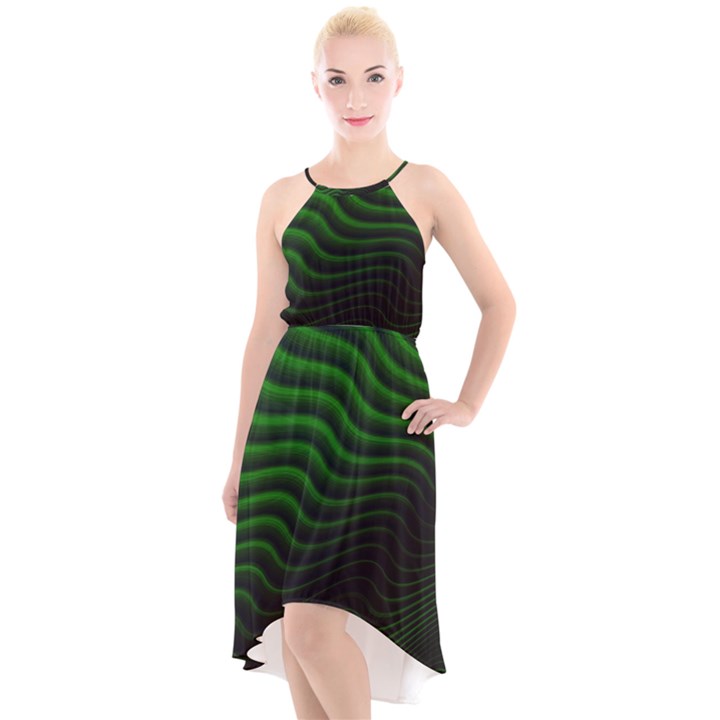 Black and Green Abstract Stripes Gradient High-Low Halter Chiffon Dress 