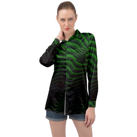 Black And Green Abstract Stripes Gradient Long Sleeve Satin Shirt by SpinnyChairDesigns