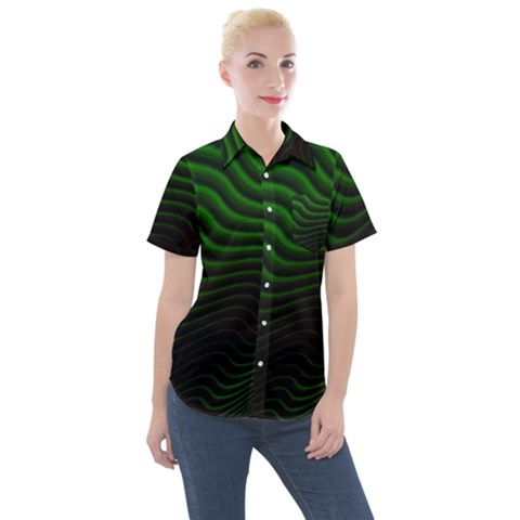 Black And Green Abstract Stripes Gradient Women s Short Sleeve Pocket Shirt by SpinnyChairDesigns