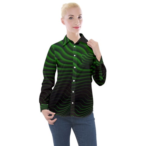 Black And Green Abstract Stripes Gradient Women s Long Sleeve Pocket Shirt by SpinnyChairDesigns