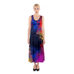 Colorful Paint Splatter Texture Red Black Yellow Blue Sleeveless Maxi Dress by SpinnyChairDesigns