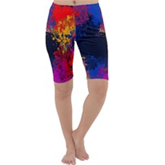 Colorful Paint Splatter Texture Red Black Yellow Blue Cropped Leggings  by SpinnyChairDesigns