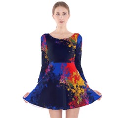 Colorful Paint Splatter Texture Red Black Yellow Blue Long Sleeve Velvet Skater Dress by SpinnyChairDesigns