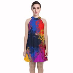 Colorful Paint Splatter Texture Red Black Yellow Blue Velvet Halter Neckline Dress  by SpinnyChairDesigns