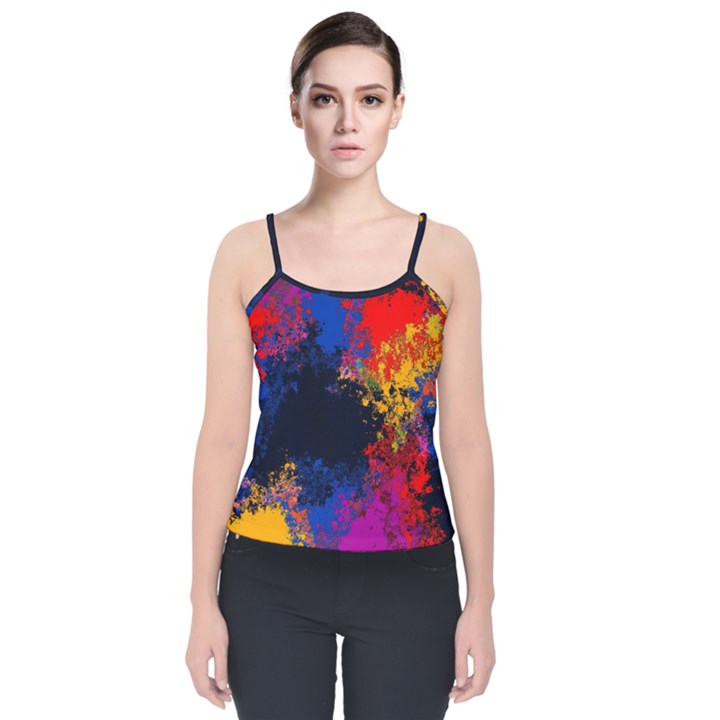 Colorful Paint Splatter Texture Red Black Yellow Blue Velvet Spaghetti Strap Top