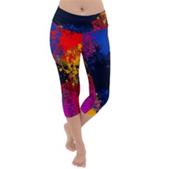 Colorful Paint Splatter Texture Red Black Yellow Blue Lightweight Velour Capri Yoga Leggings by SpinnyChairDesigns