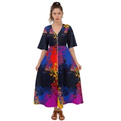 Colorful Paint Splatter Texture Red Black Yellow Blue Kimono Sleeve Boho Dress by SpinnyChairDesigns