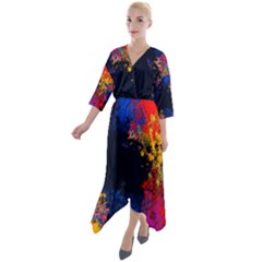 Colorful Paint Splatter Texture Red Black Yellow Blue Quarter Sleeve Wrap Front Maxi Dress by SpinnyChairDesigns