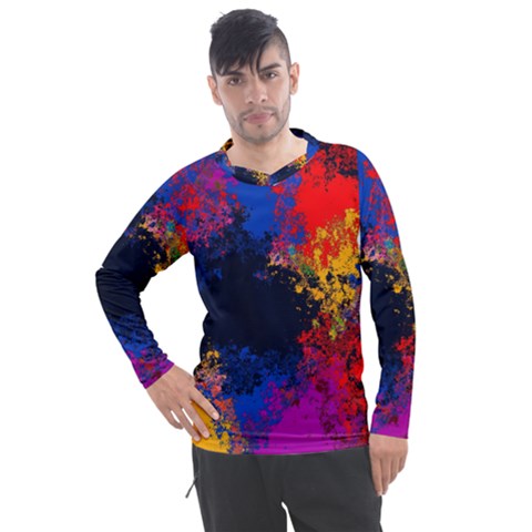 Colorful Paint Splatter Texture Red Black Yellow Blue Men s Pique Long Sleeve Tee by SpinnyChairDesigns