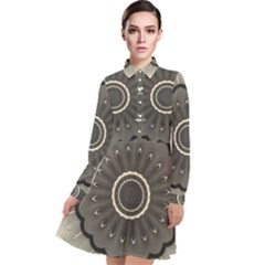 Beige Kaleidoscope Mandala Arabesque Pattern Long Sleeve Chiffon Shirt Dress by SpinnyChairDesigns