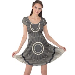 Beige Kaleidoscope Mandala Arabesque Pattern Cap Sleeve Dress by SpinnyChairDesigns