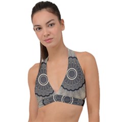 Beige Kaleidoscope Mandala Arabesque Pattern Halter Plunge Bikini Top by SpinnyChairDesigns