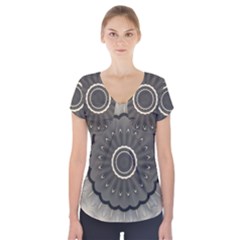 Beige Kaleidoscope Mandala Arabesque Pattern Short Sleeve Front Detail Top by SpinnyChairDesigns