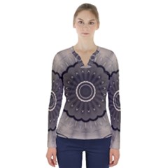 Beige Kaleidoscope Mandala Arabesque Pattern V-neck Long Sleeve Top by SpinnyChairDesigns