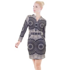 Beige Kaleidoscope Mandala Arabesque Pattern Button Long Sleeve Dress by SpinnyChairDesigns