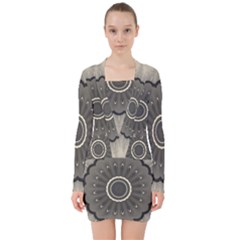 Beige Kaleidoscope Mandala Arabesque Pattern V-neck Bodycon Long Sleeve Dress by SpinnyChairDesigns