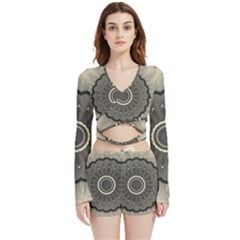 Beige Kaleidoscope Mandala Arabesque Pattern Velvet Wrap Crop Top by SpinnyChairDesigns