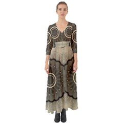 Beige Kaleidoscope Mandala Arabesque Pattern Button Up Boho Maxi Dress by SpinnyChairDesigns