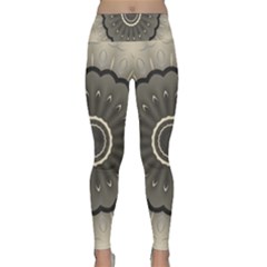 Beige Kaleidoscope Mandala Arabesque Pattern Lightweight Velour Classic Yoga Leggings by SpinnyChairDesigns