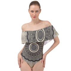 Beige Kaleidoscope Mandala Arabesque Pattern Off Shoulder Velour Bodysuit  by SpinnyChairDesigns