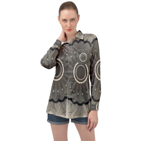 Beige Kaleidoscope Mandala Arabesque Pattern Long Sleeve Satin Shirt by SpinnyChairDesigns