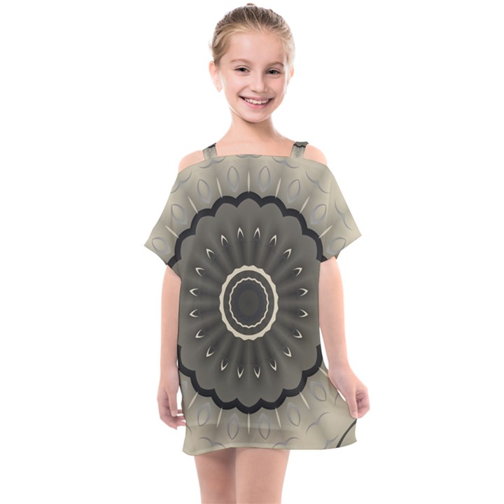 Beige Kaleidoscope Mandala Arabesque Pattern Kids  One Piece Chiffon Dress