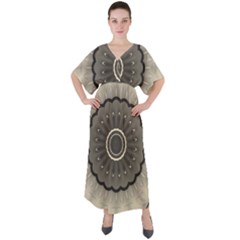 Beige Kaleidoscope Mandala Arabesque Pattern V-neck Boho Style Maxi Dress by SpinnyChairDesigns