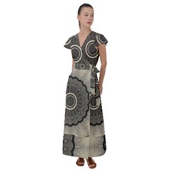 Beige Kaleidoscope Mandala Arabesque Pattern Flutter Sleeve Maxi Dress by SpinnyChairDesigns