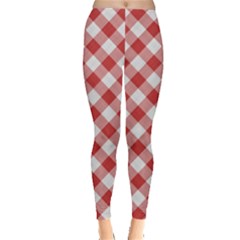 Picnic Gingham Red White Checkered Plaid Pattern Leggings  by SpinnyChairDesigns