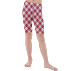 Picnic Gingham Red White Checkered Plaid Pattern Kids  Mid Length Swim Shorts by SpinnyChairDesigns