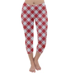 Picnic Gingham Red White Checkered Plaid Pattern Capri Winter Leggings  by SpinnyChairDesigns