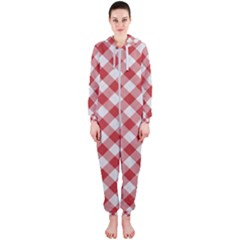 Picnic Gingham Red White Checkered Plaid Pattern Hooded Jumpsuit (ladies)  by SpinnyChairDesigns